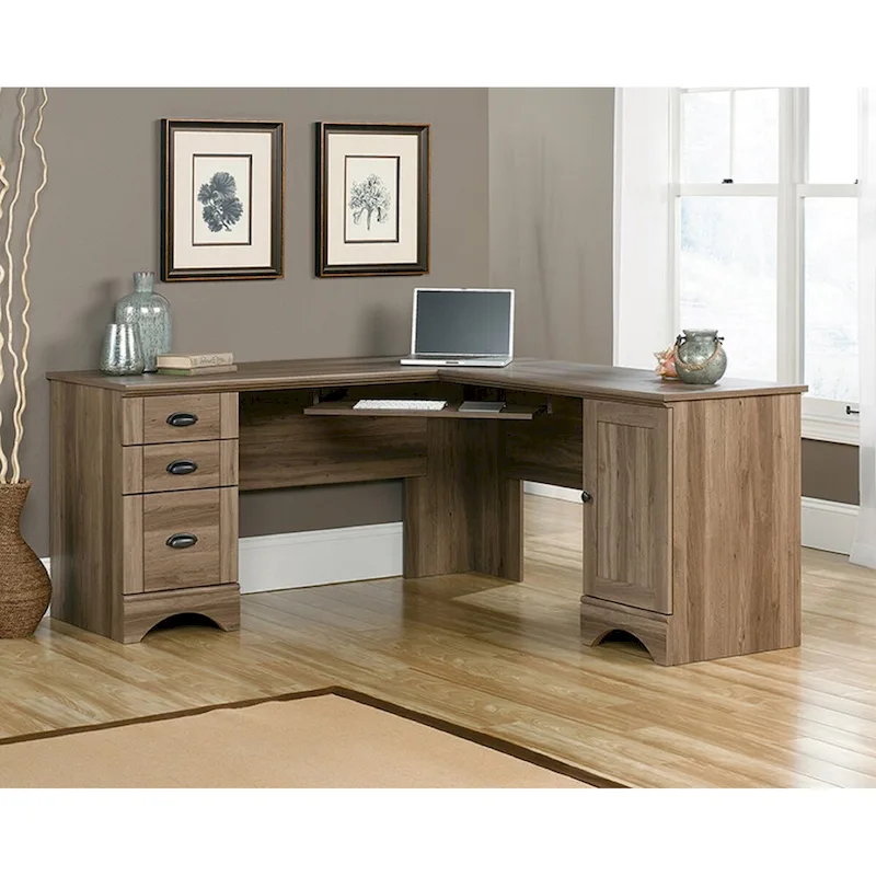 Grey Wood Finish L-Shaped Corner Office Desk with Keyboard Tray, File Drawer and CPU Storage – 1-Person