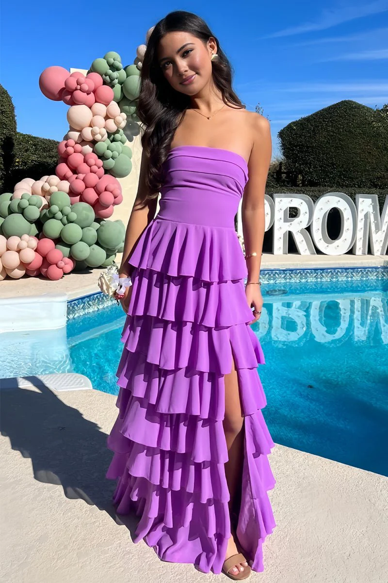 Purple Strapless A Line Chiffon Long Prom Dress With Ruffles