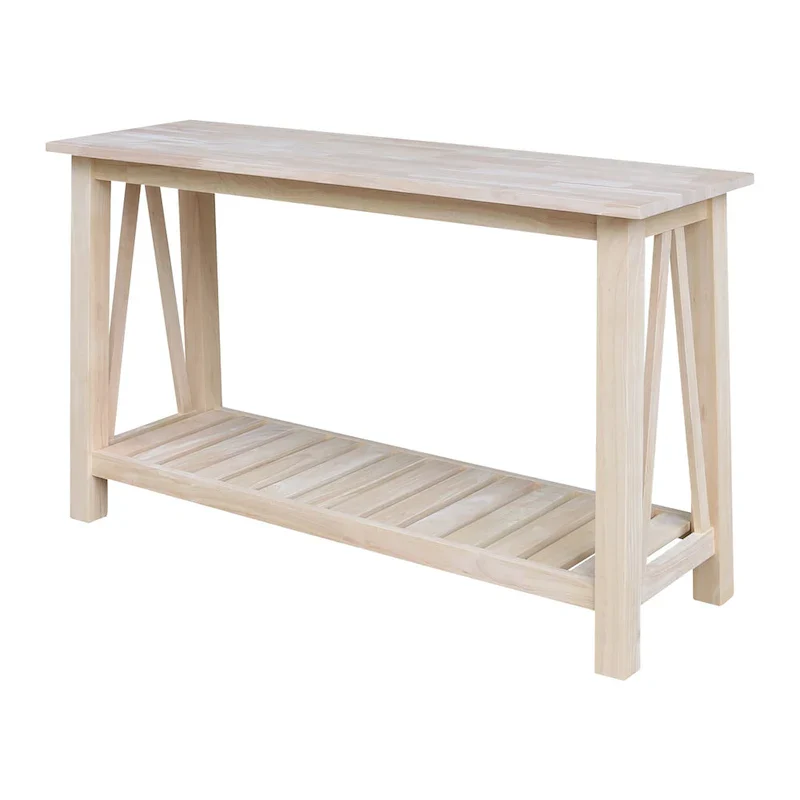 White / Unfinished / Blue Solid Parawood Console Sofa Table with Lower Shelf – Butcher Block Top