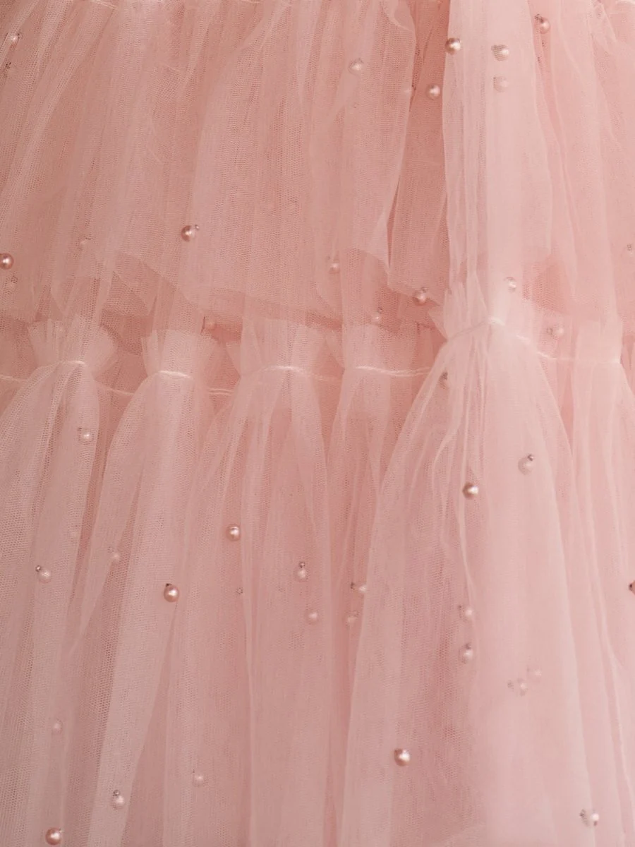 Blush Tulle A-Line Homecoming Dress with Pearls