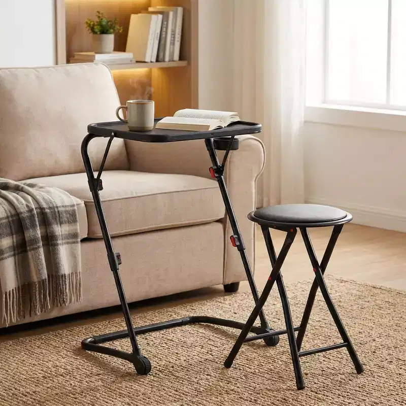 FurnitureR Folding Table and Stool Set, Adjustable Height Tray Table with Tilting Top and Cup Holder, Portable Desk for Bed, Sofa, Study or Outdoor