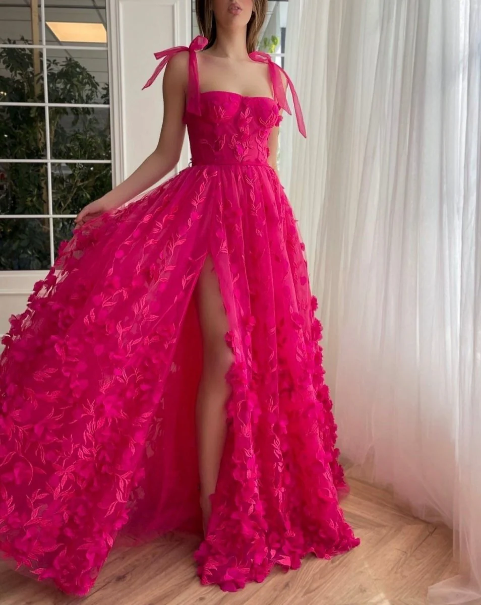 Fuchsia - Elegant A-line 3D Flower Tulle Prom Dress With Slit