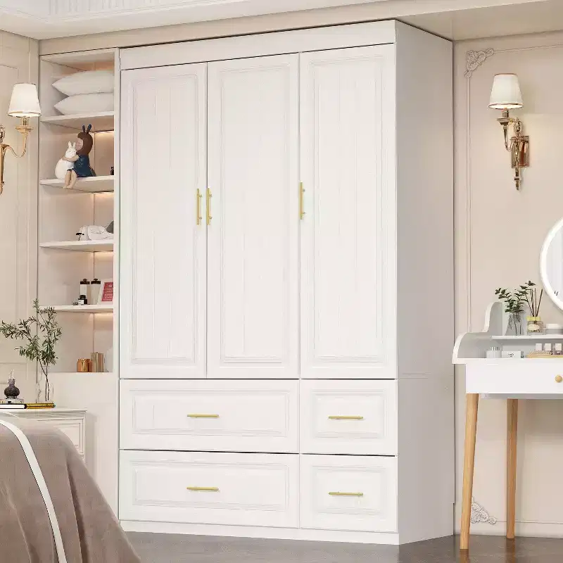 Hitow White Armoire Modern Minimalist Wardrobe Set Lines Pattern Gold Accessories