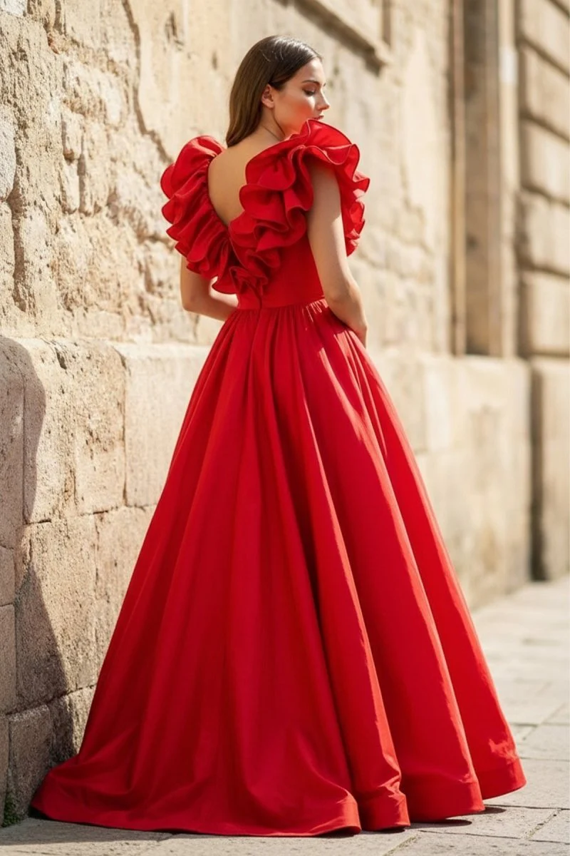 Red Ruffle V Neck Satin A-Line Long Prom Dresses