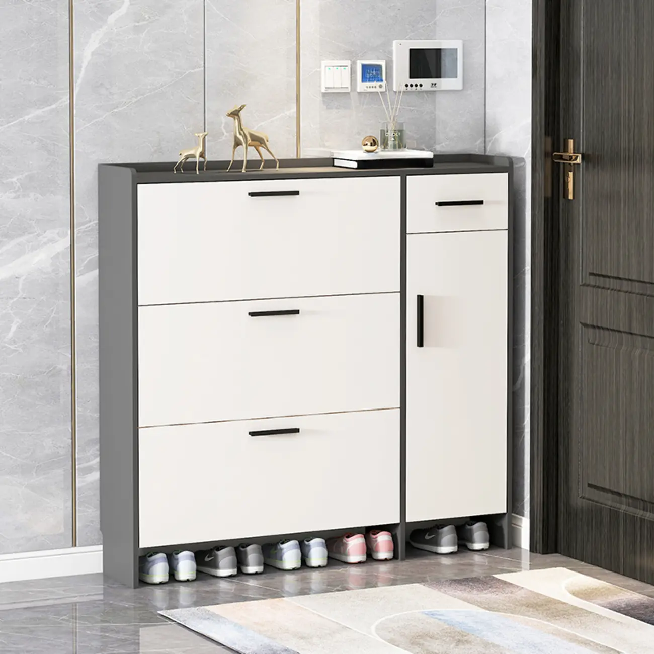 White Wood Shoe Cabinet with Flip Drawer for Entryway