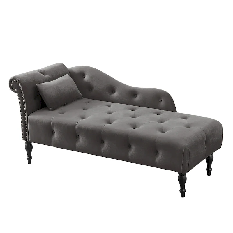Modern 60.6 Velvet Upholstered Buttons Tufted Chaise Lounge Chair with Solid Wood Legs and Nailheads
