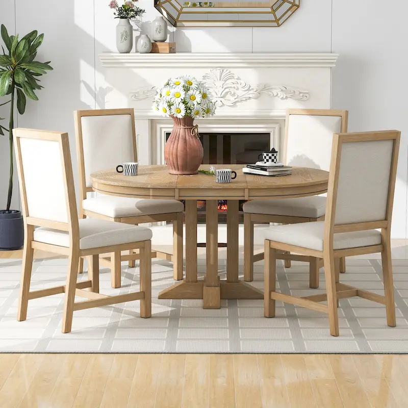 5-Piece Dining Set Extendable Round Table and 4 Upholstered Chairs Farmhouse Dining Set