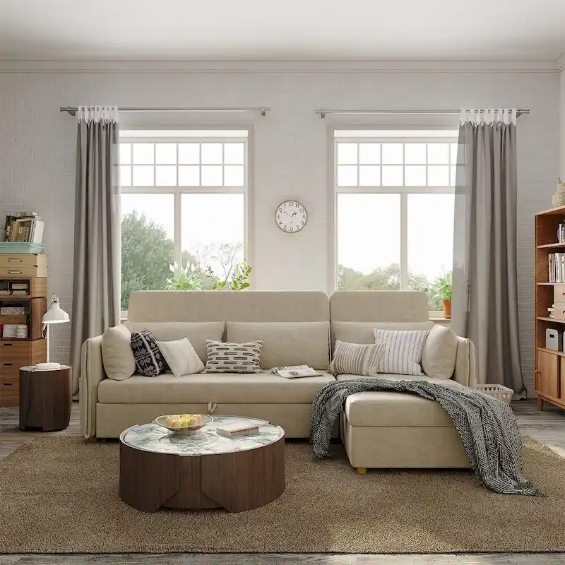 L-Shape Sofa Bed with Scratch-Resistant Fabric and Solid Wood Frame