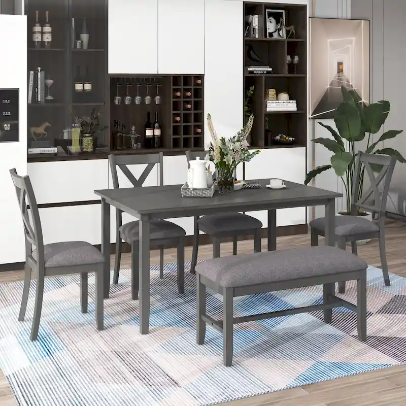 Gray Traditional 6-Piece Wooden Dining Table Set with 4 Upholstered Chairs and Bench