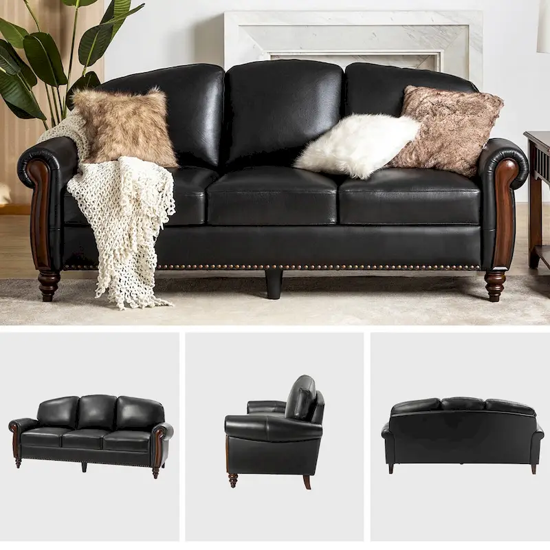 84 Traditional Genuine Leather Sofa with Carved Wood Legs