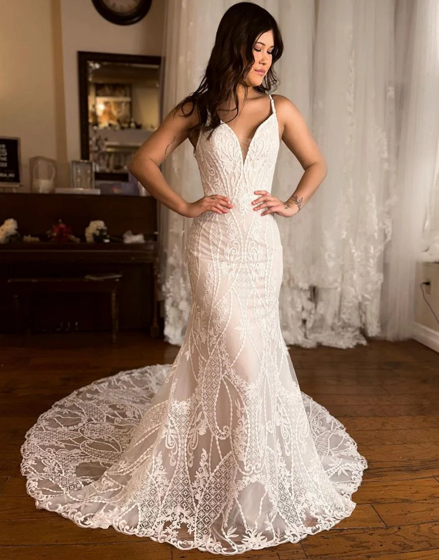 Mermaid V-Neck Spaghetti Straps Sweep Train Lace Wedding Dress