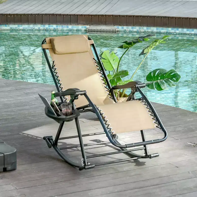Outdoor Rocking Chairs, Foldable Reclining Zero Gravity Lounge Rocker with Pillow, Cup & Phone Holder, Combo Design with Folding Legs