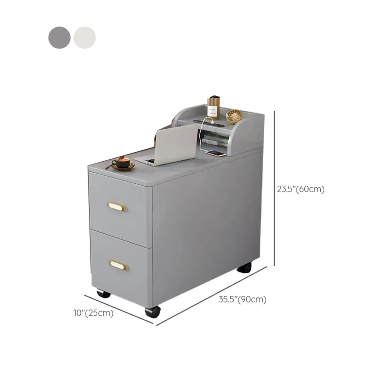 Narrow Rolling White 2-Drawer End Table with USB Charge