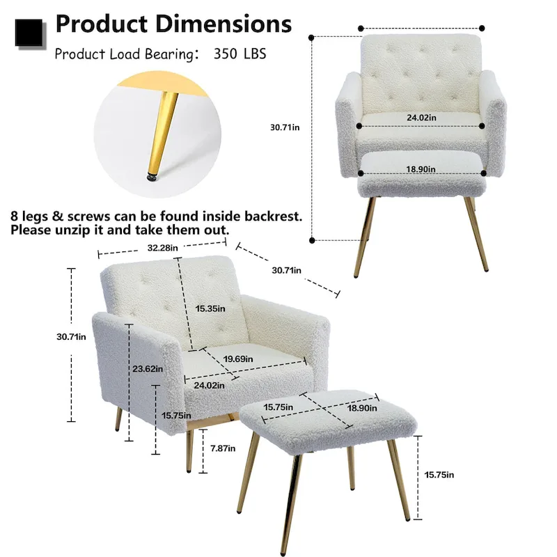 Velvet Tufted Convertible Armchair with Adjustable Backrest & Ottoman – Single