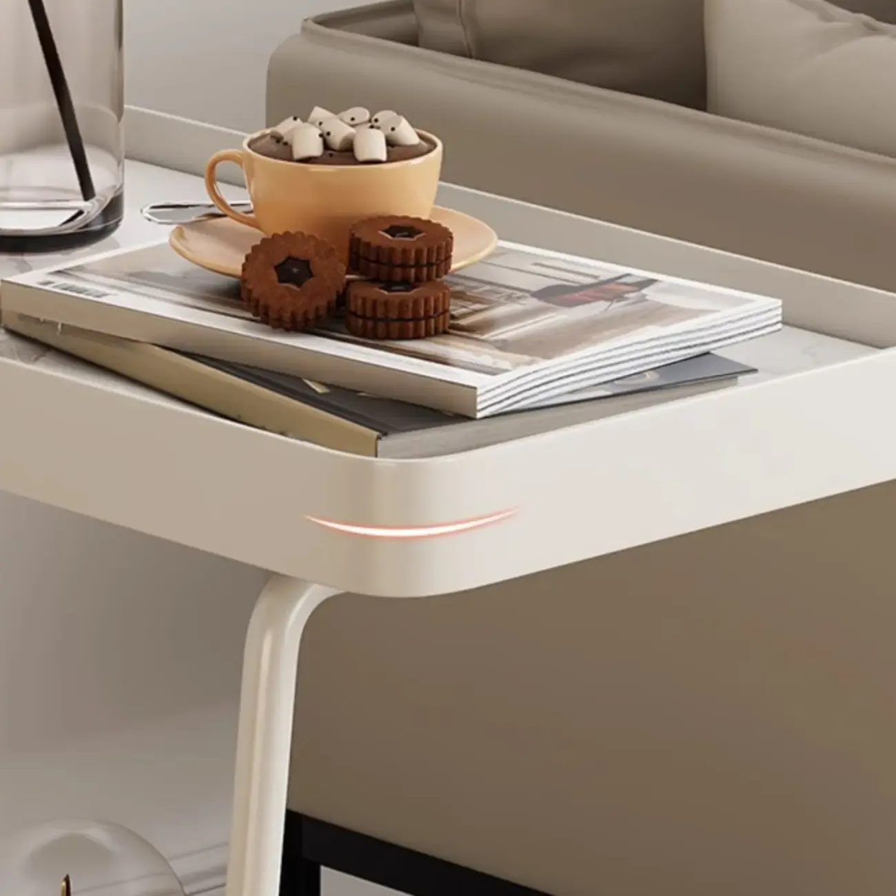 Modern C-Shaped White Stone Rectangular Swivel Side Table
