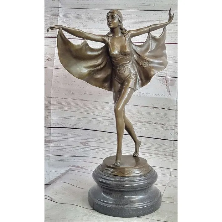Signed Otto Poertzel Bat Dancer Bronze Sculpture Art Deco Nouveau Marble Figure
