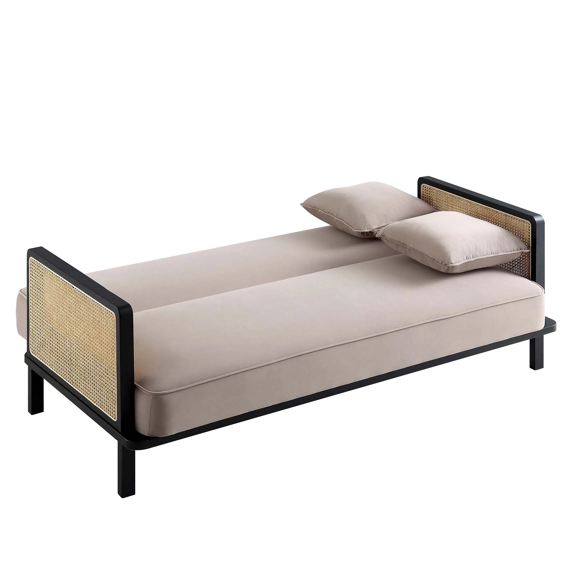 Solid Wood and Cane Sofa Bed, Taupe Velvet with Black Frame