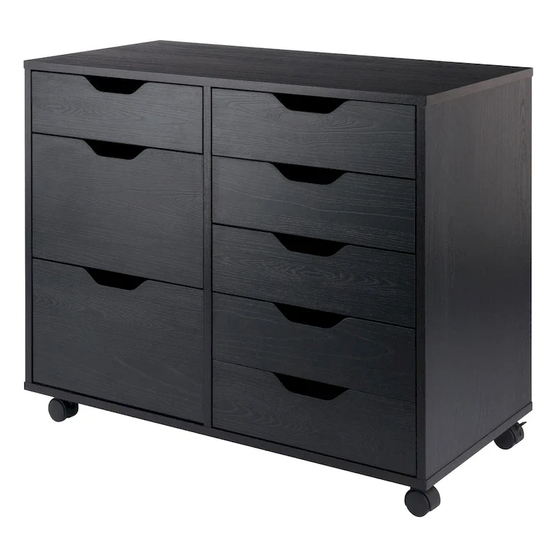 Black Lacquer 6-Drawer Mobile Storage Cabinet with 2 Cabinets & Lockable Swivel Casters