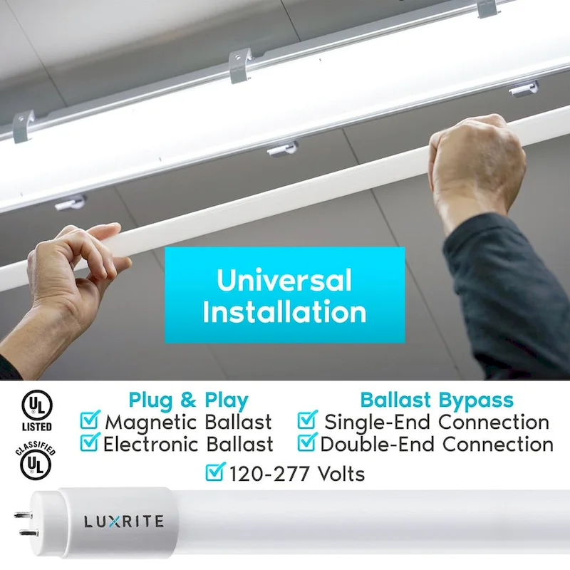 Luxrite 4FT T8 LED Tube Light, Ballast and Ballast Bypass, 13W=32W, 1800 Lumens, Damp Rated 12 Pack