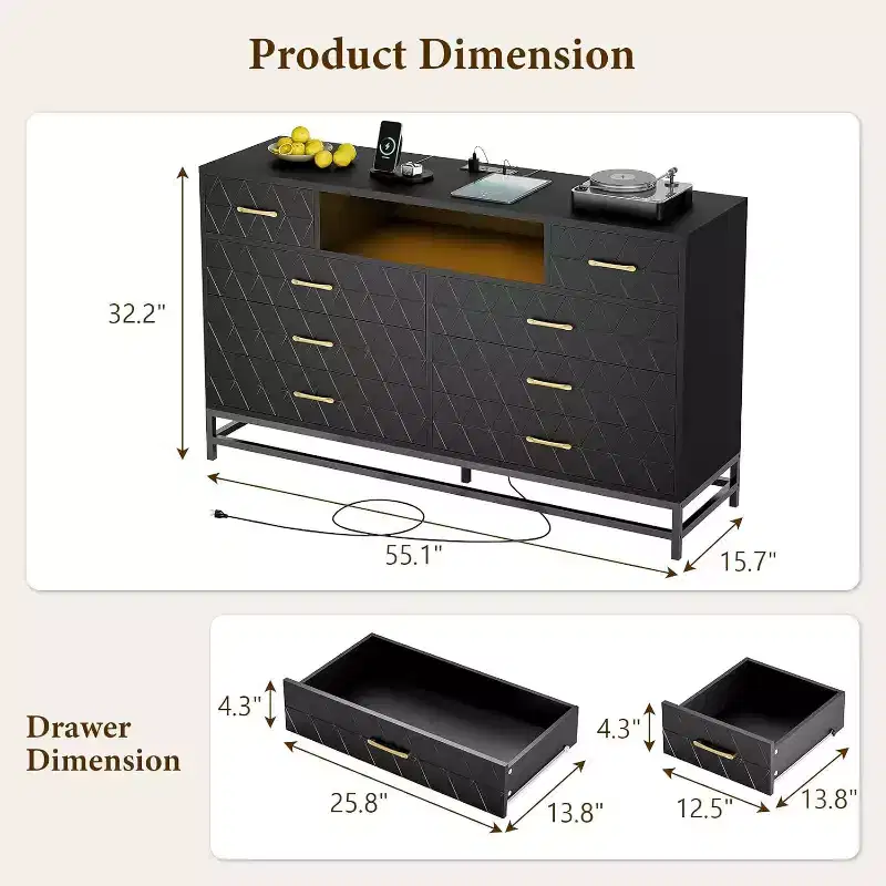 55 8-Drawer Dresser TV Stand - Black Storage Unit with Deep Drawers for Bedroom & Living Room
