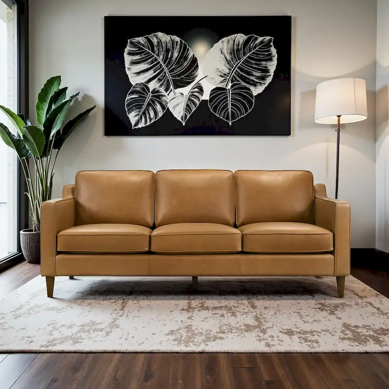 Madeline Mid Century Modern Furniture Genuine Leather Couches in Cognac Tan