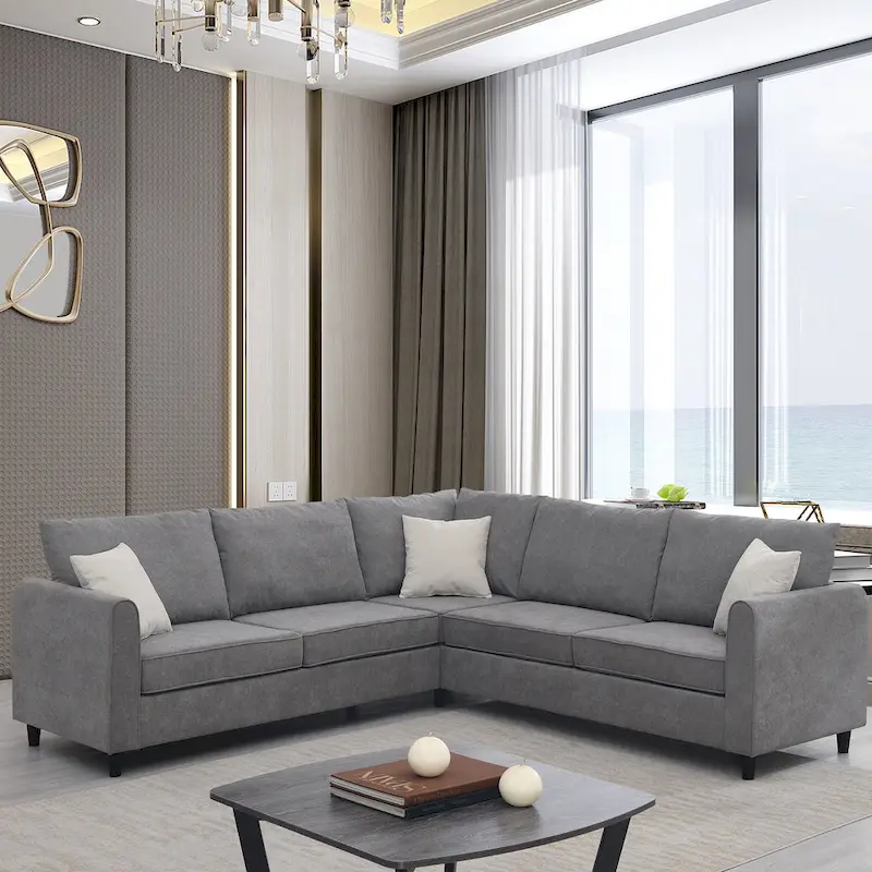 Modern Upholstered L-Shaped Sectional Sofa Couch with 3 Pillows