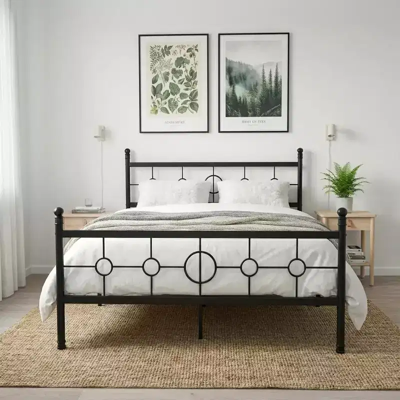 Metal Bed Frame with Vintage Circular Headboard, Heavy-Duty Iron Platform Bed, No Box Spring Needed, Easy Assembly, Black
