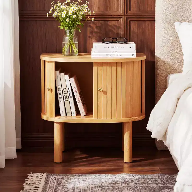 Christopher Knight Home Bennett Modern Scandinavian Curved Wood Nightstand with Sliding Slatted Doors