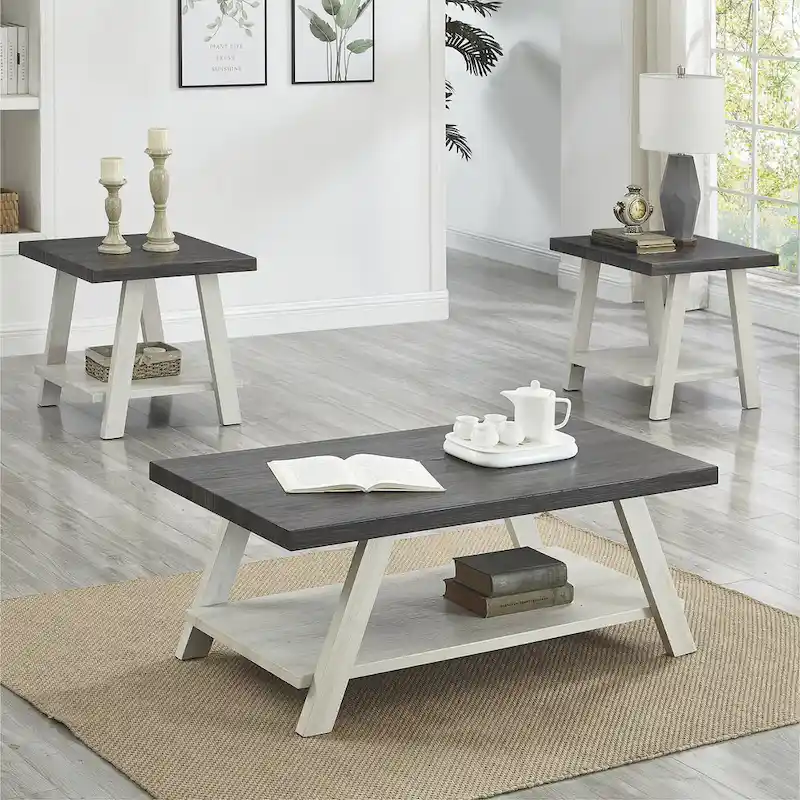 Contemporary 3-Piece Wood Shelf Coffee Table Set