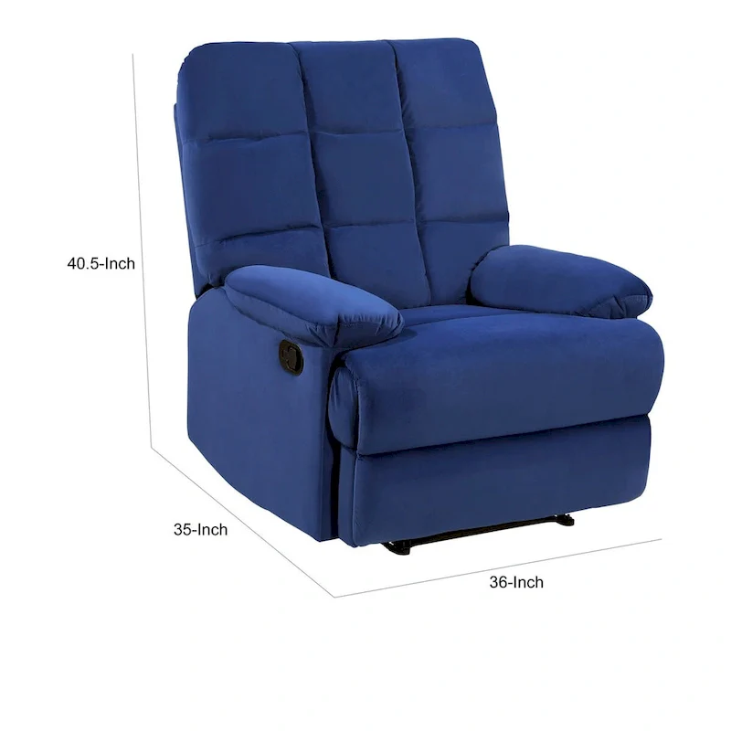 Patty 36 Inch Manual Recliner Chair, Cushioned, Blue Velvet, Solid Wood