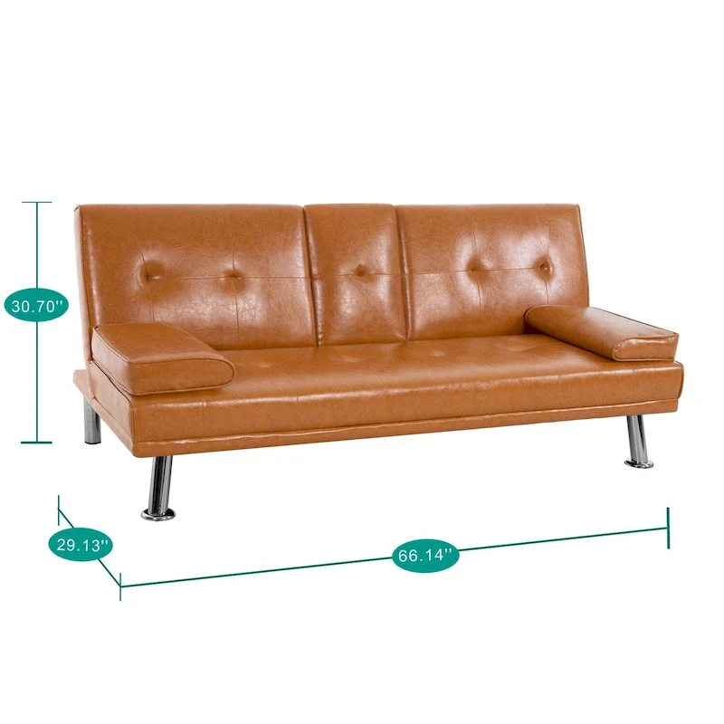 Futon Sofa Bed Couch with Armrest & Cupholders, Faux Leather Sofa Bed Couch Convertible Folding Reclining Small Couch