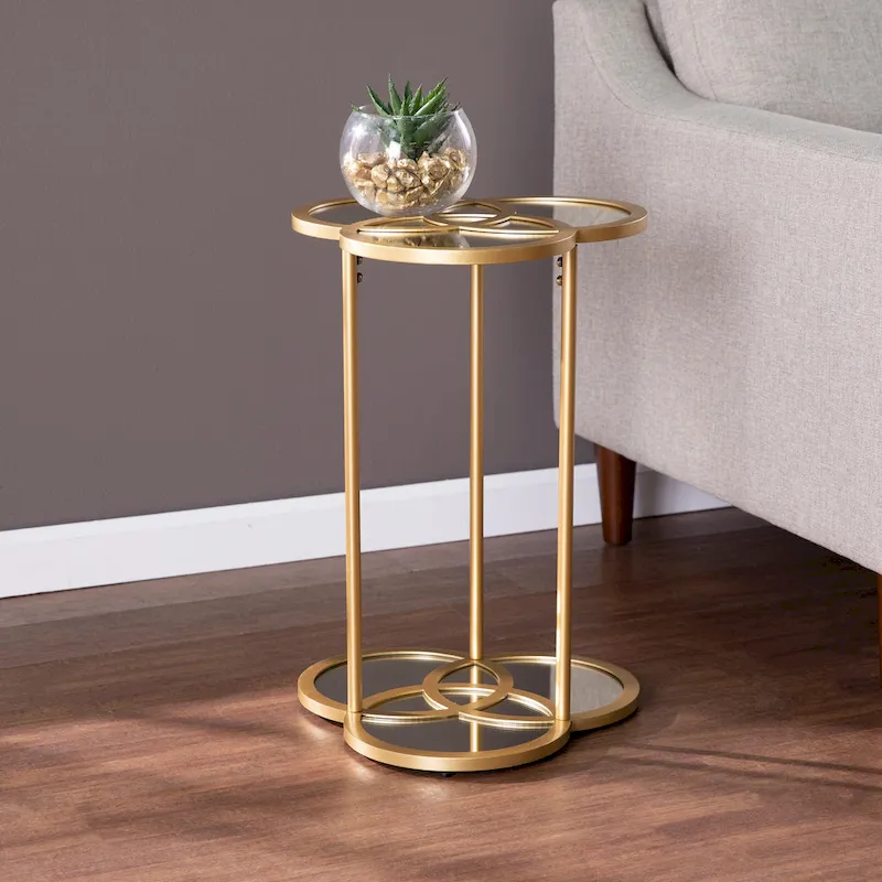 Gold Geometric Mirrored Accent Side Table with Glass Top & Shelf – Single