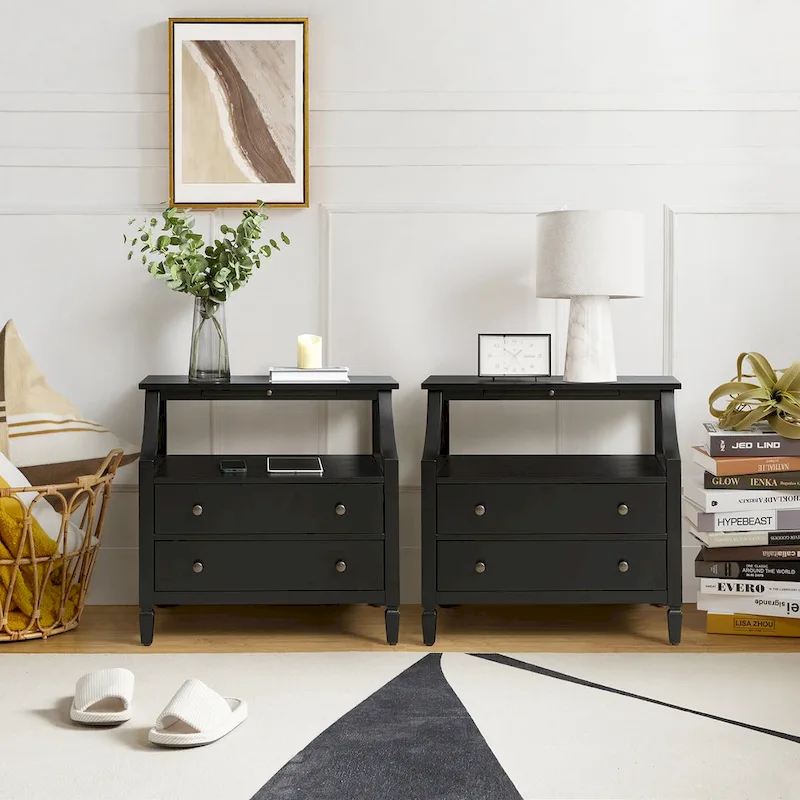 2-Drawer Nightstand with Built-In Outlets and Pull-Out Tray