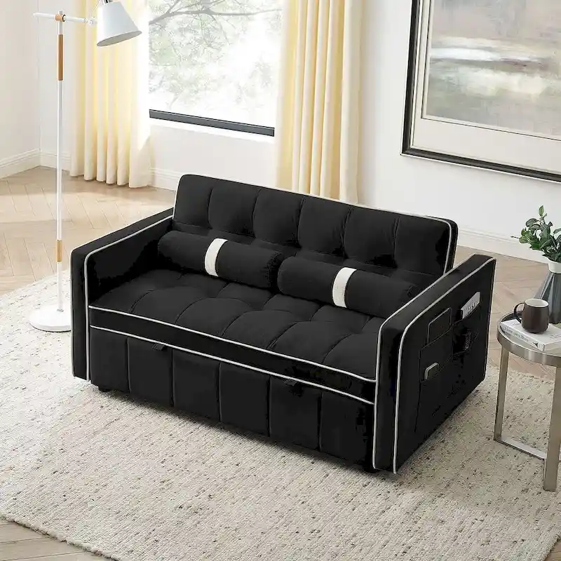 Modern 55.5 Velvet Pull-Out Adjustable Sofa Bed with Side Pockets