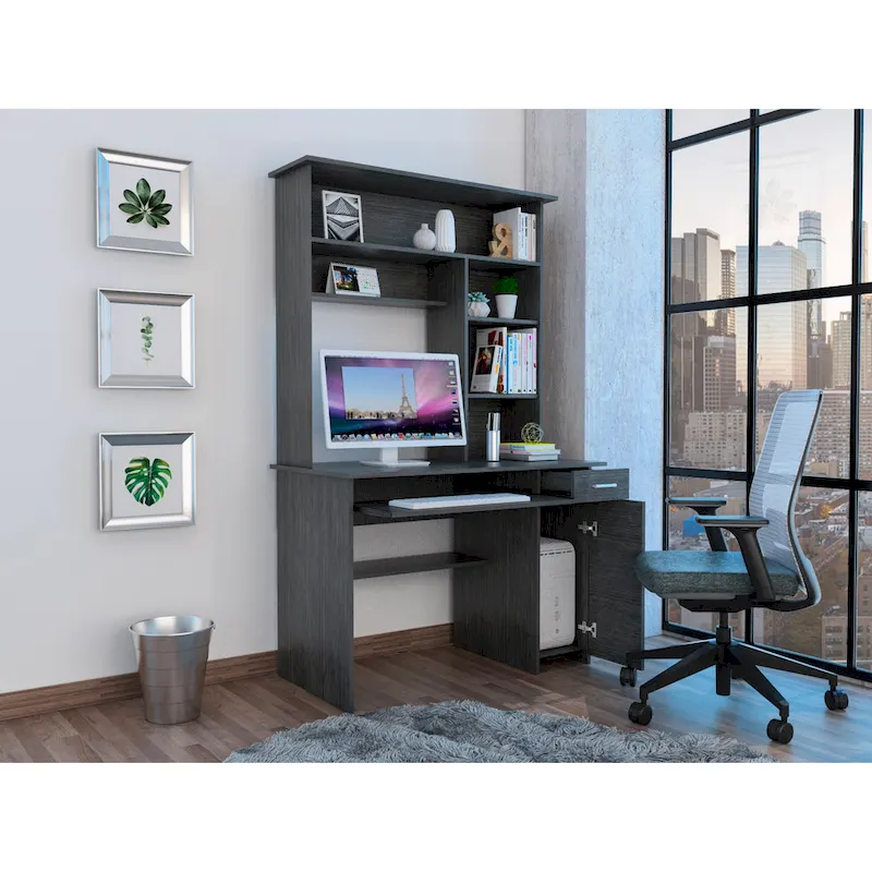 Compu 180 Hutch Desk with 5 Shelves, Retractable Keyboard Tray, CPU Panel, and Drawer