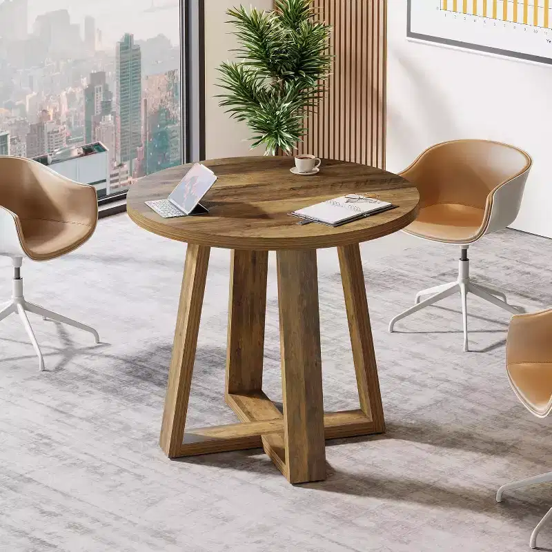 Lantine 31.5-Inch Round Conference Table for 2-4 People, Small Wooden Office Meeting Desk with Sturdy Base for Small Spaces, Farmhouse Rustic