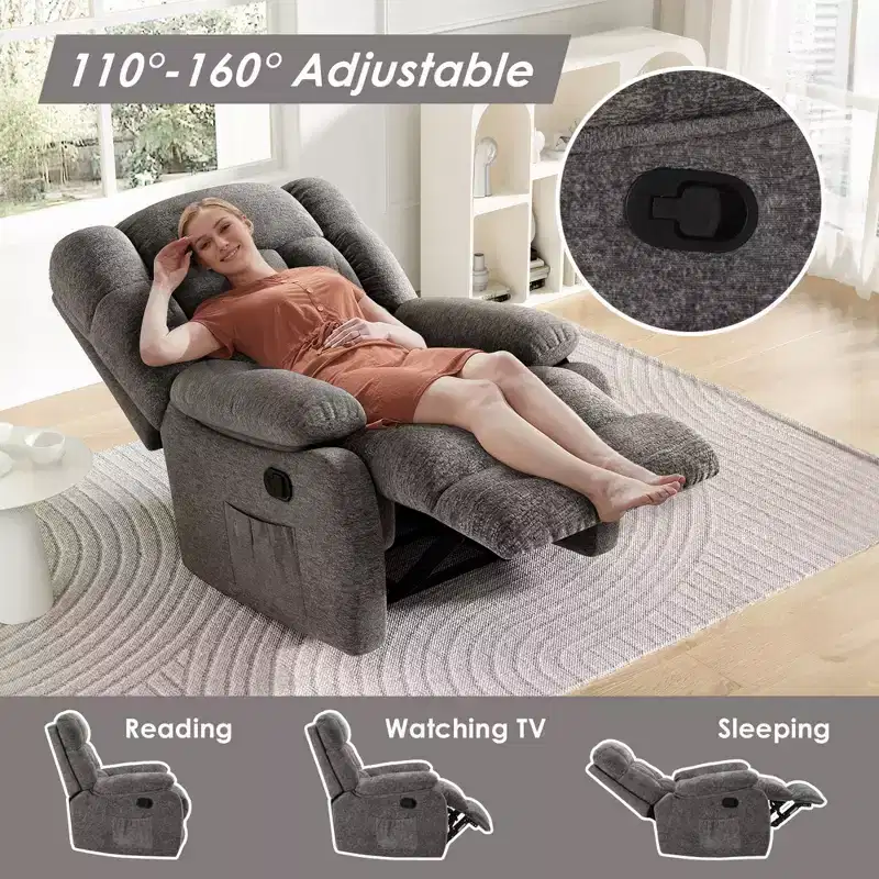 Adjustable reclining sofa (110 - 160), footstool + side pocket, ergonomic design