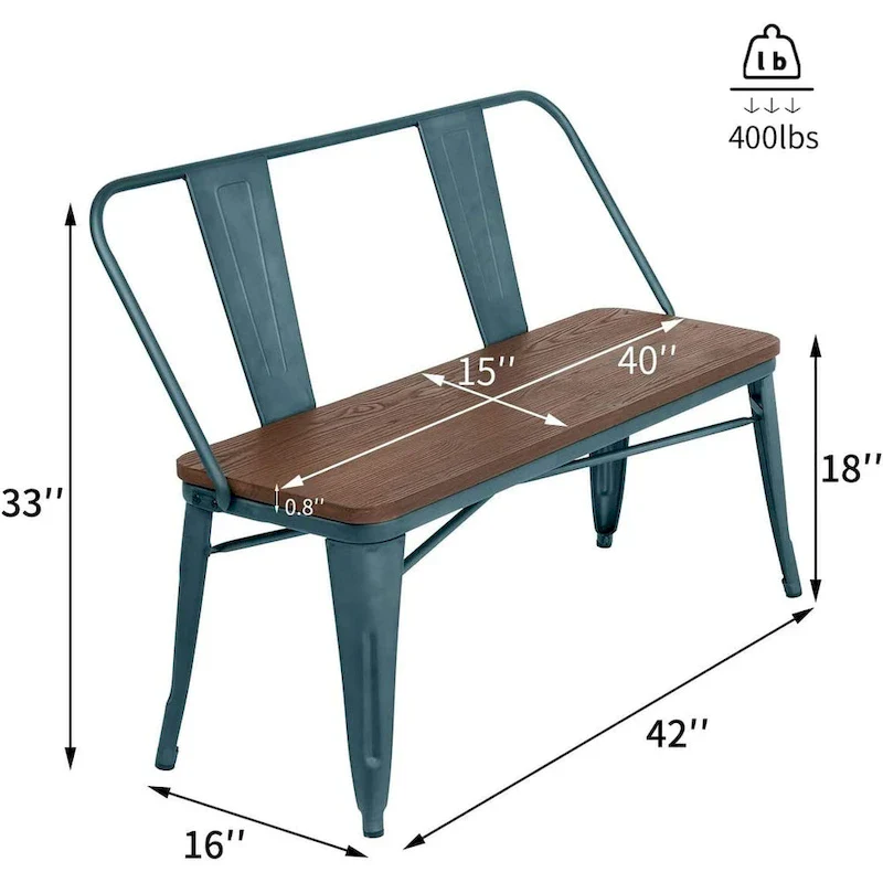Dining Bench, Entryway Bench with Back, Farmhouse Metal Dining Bench, Industrial Mid-Century 3 Person Bench, Wood Seat