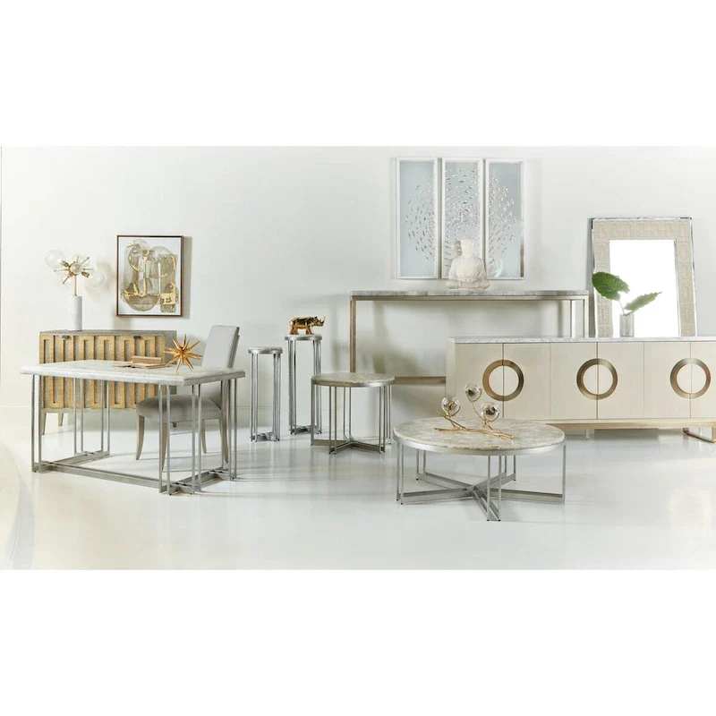 White Onyx & Pewter Metal Round Cocktail Table, 1-Piece