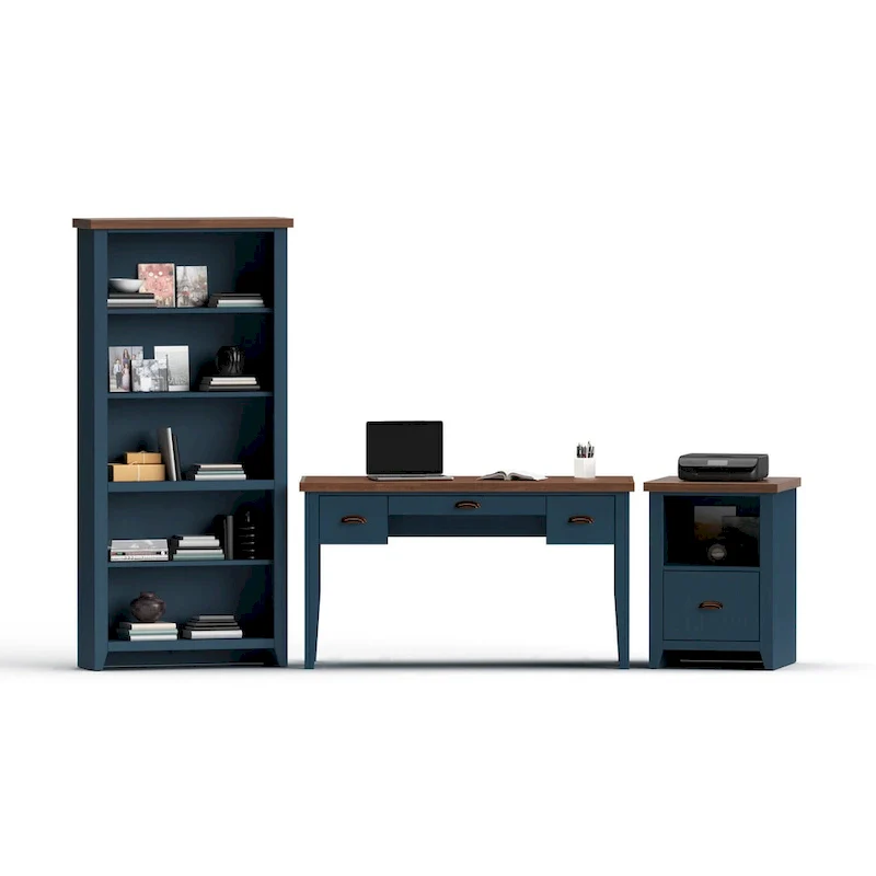 Nantucket 53 inch Writing Desk, No Assembly Required, Blue Denim and Whiskey Finish