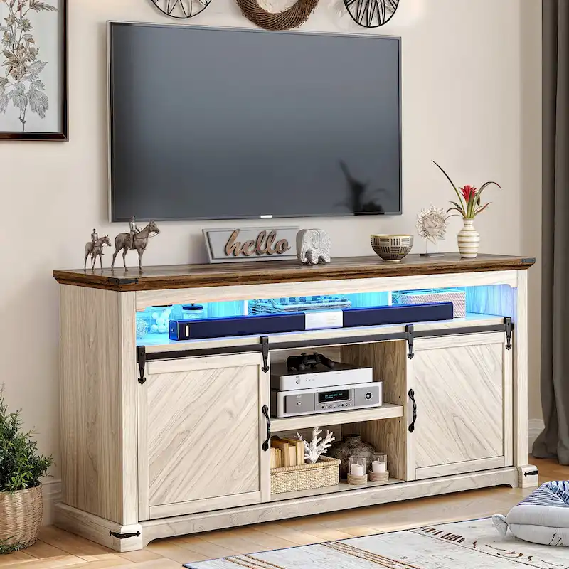 Moasis Farmhouse TV Stand for TV up to 75 Sliding Barn Door Media Console with LED Lights