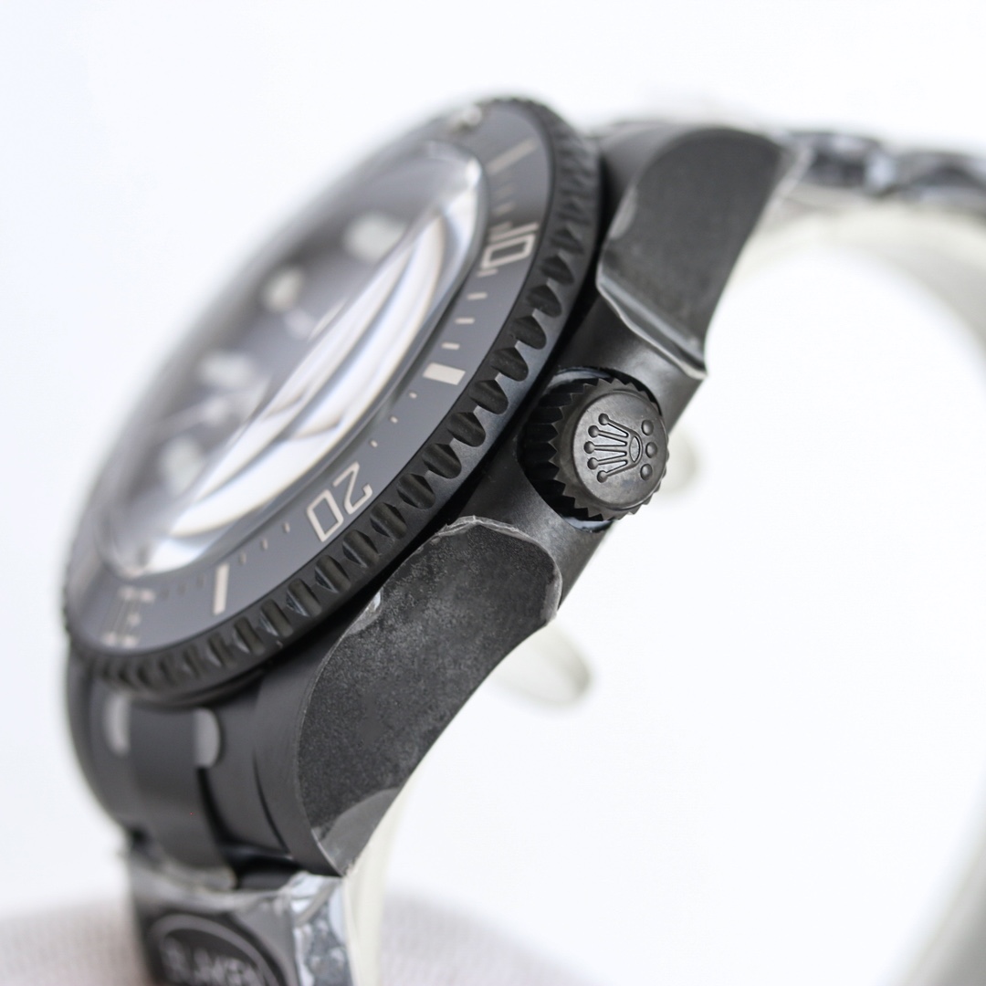 Close-up of replica Rolex Deepsea Blaken crown with Rolex emblem