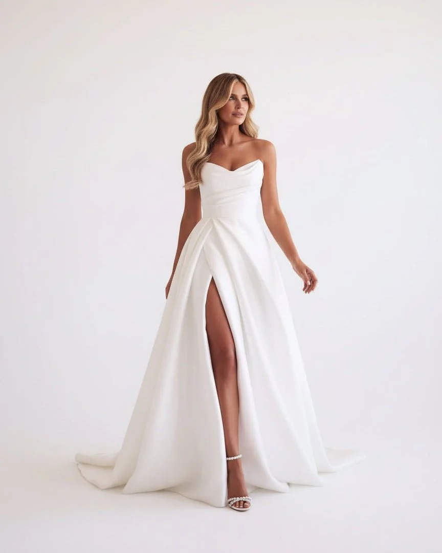 A-Line White Sleeveless Satin Wedding Dress With Side Slit