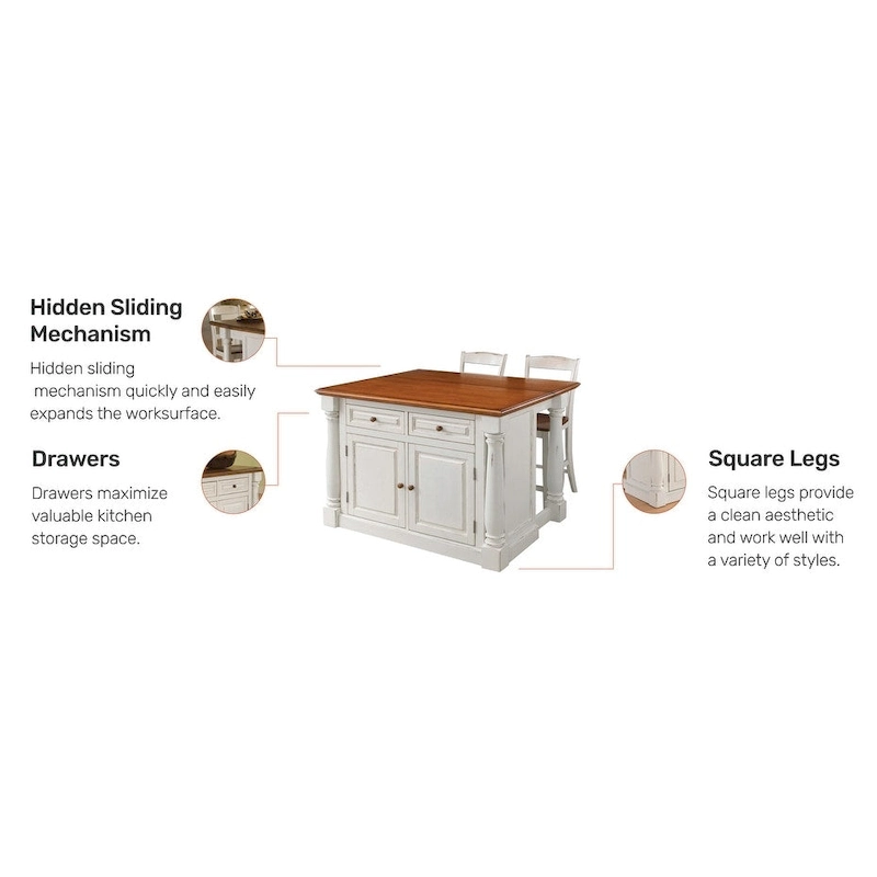 Homestyles Monarch 3-Piece Off-White Wood Kitchen Island Set with Drop Leaf Wood Top - 48' x 25' x 36'