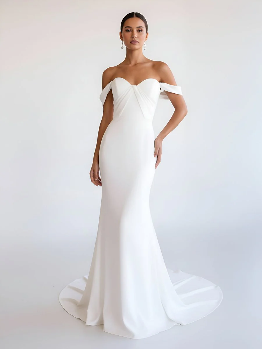 Simple White Mermaid Off-the-Shoulder Boho Wedding Dress