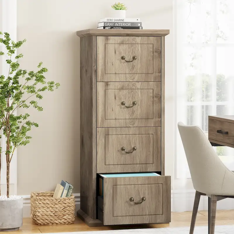 Grey/Black Brown/Walnut 4-Drawer Wood Vertical File Cabinet, Single-User