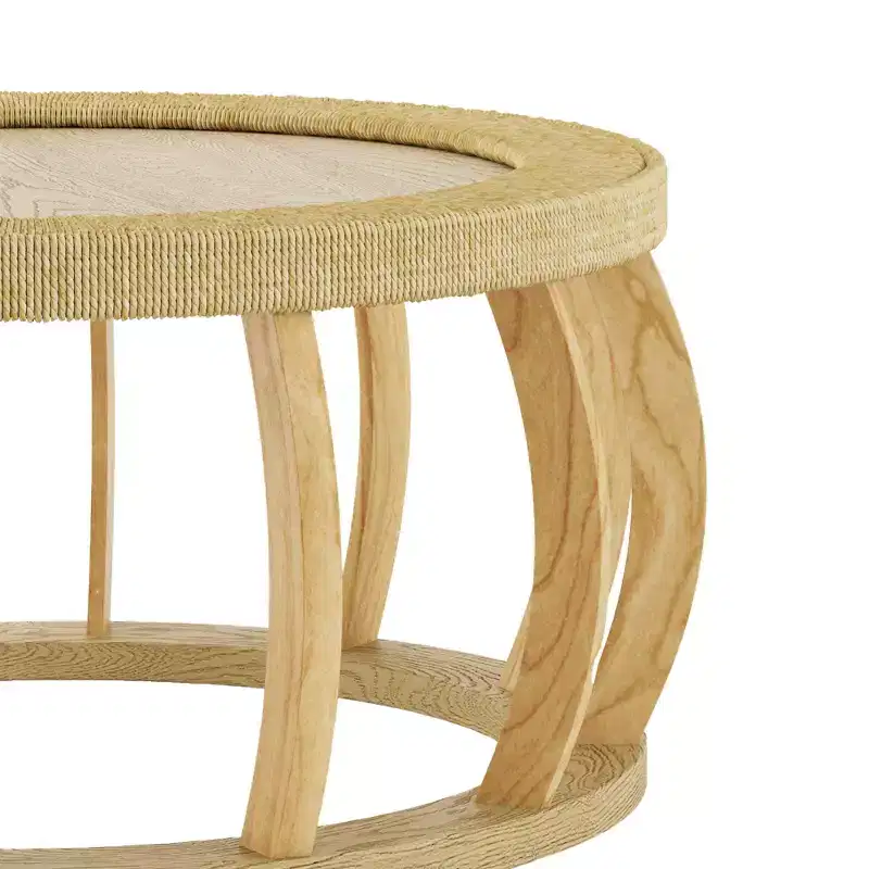 GDFStudio Olumide Bohemian Wooden Round Coffee Table with Curved Legs and Rattan Design