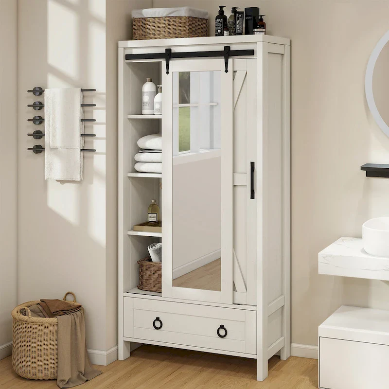 Tall and Wide Storage Cabinet with Doors and Full Length Mirror for Bathroom