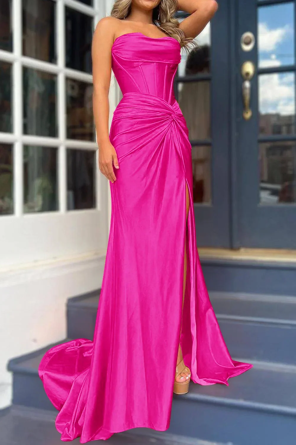 Mermaid Strapless Satin Long Prom Dress With Slit