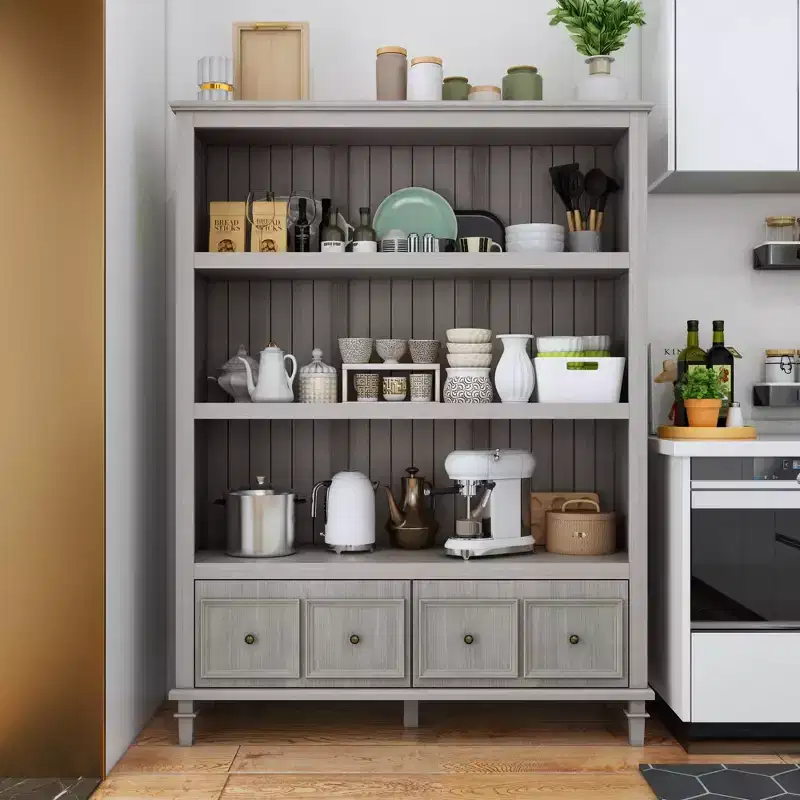 Famapy Retro Gray Kitchen Pantry Cabinet with 3 Open Shelves and 4 Drawers,Sideboard Buffet Table,Kitchen & Dining Storage Organizer